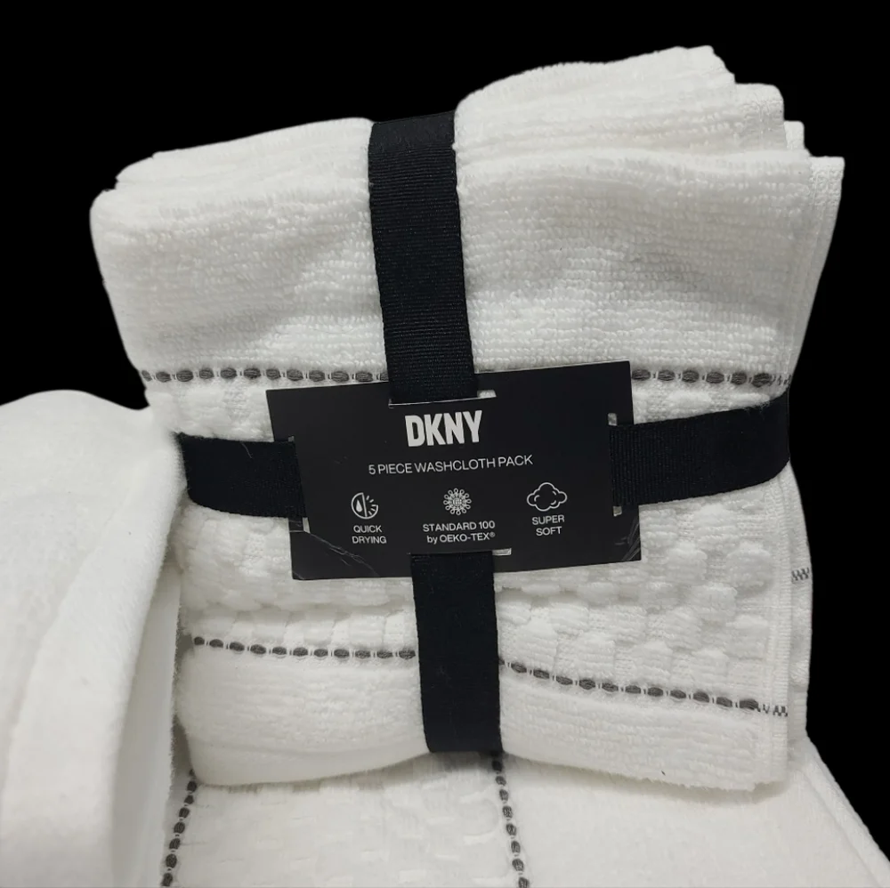 9pc DKNY White Textured Dark Gray Dot Pin Stripe Bath Hand Washcloth Towel Set